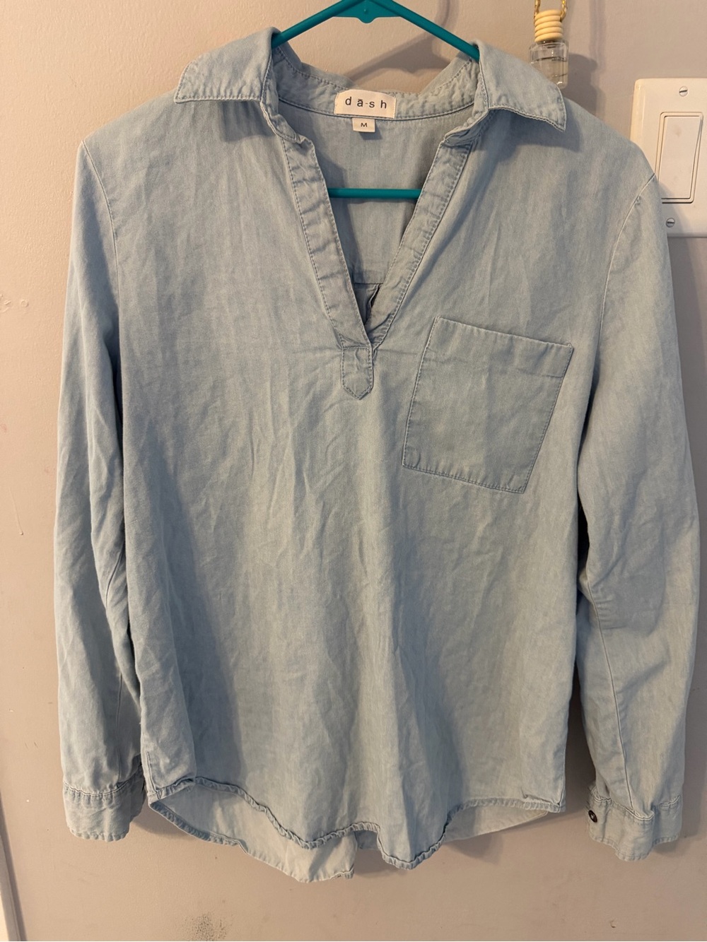 Ash Light Wash Denim Tunic with V-Neck and Chest Pocket